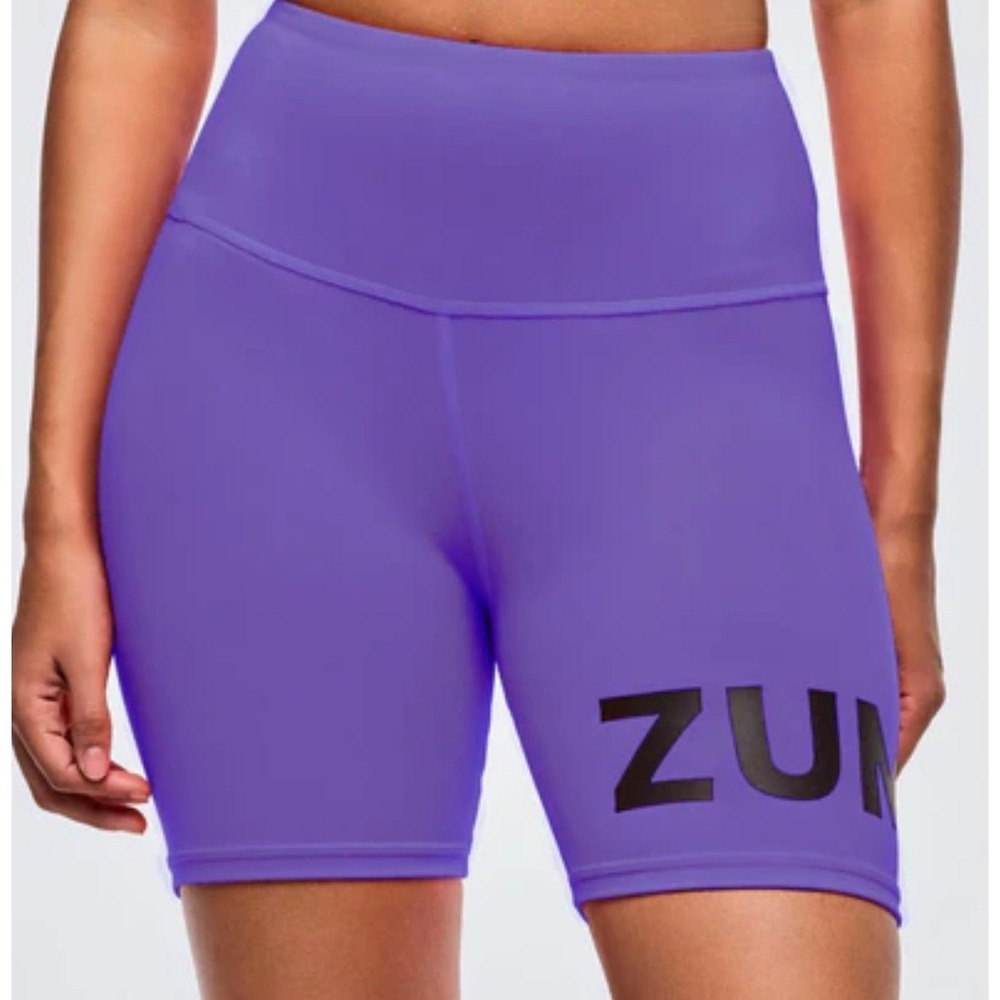 NWT Zumba Neon High Waisted Biker Shorts Purple Black Spell Out XS Z1B000880